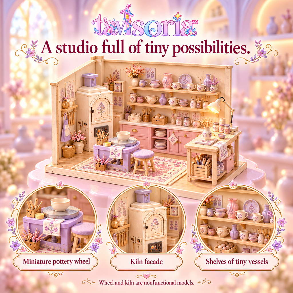 tavlsoria™ Clay & Kiln Pottery Studio DIY Miniature Kit for Adults, Wooden Workshop Diorama with LED Task Lamp