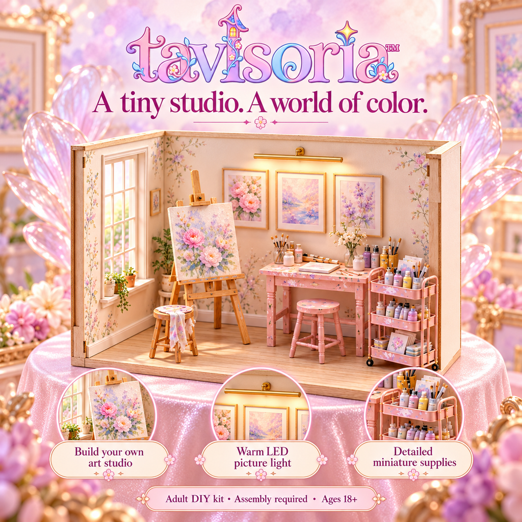 tavlsoria™ Colorloft Artist Studio DIY Miniature Room Kit for Adults, Wooden Art Diorama with LED Picture Light