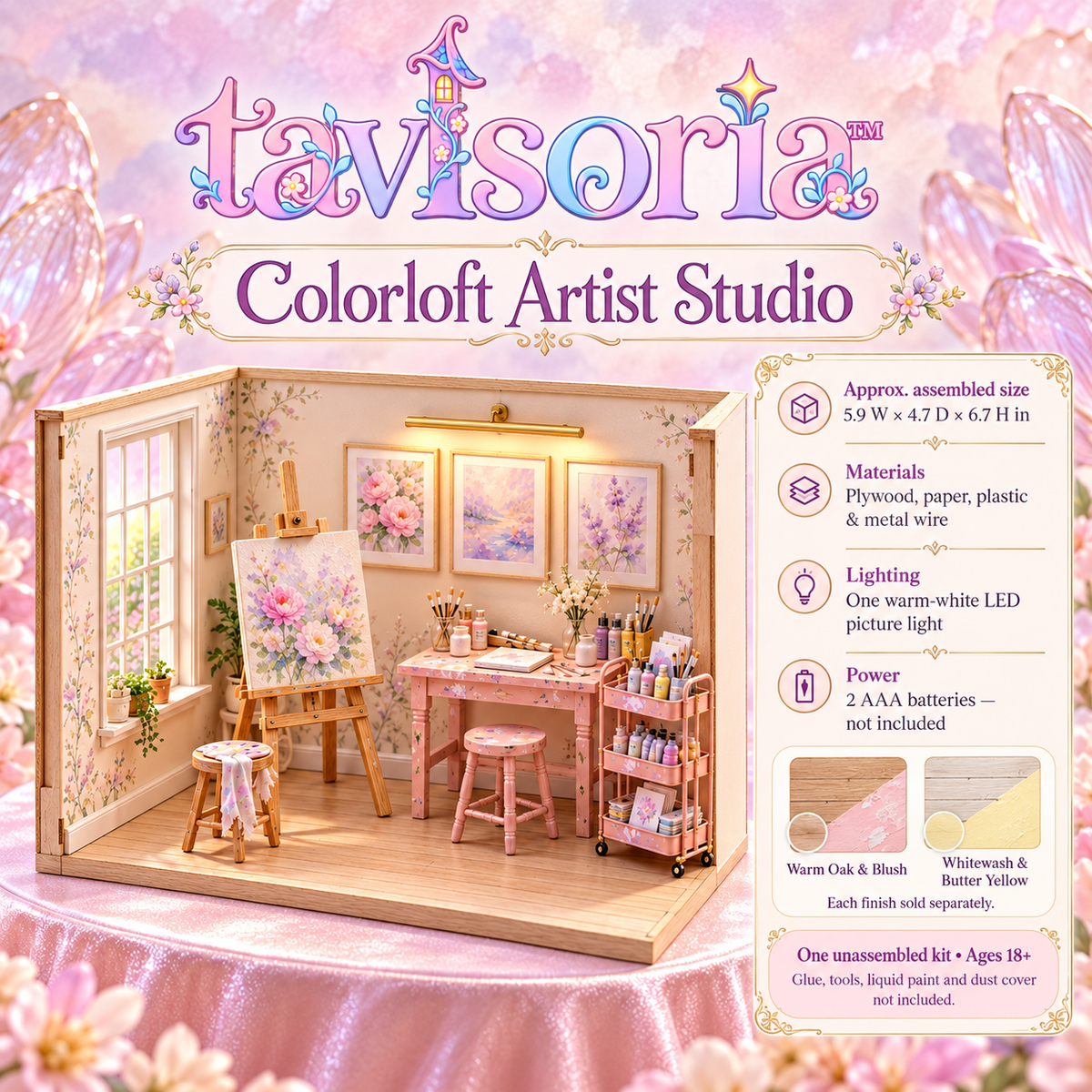 tavlsoria™ Colorloft Artist Studio DIY Miniature Room Kit for Adults, Wooden Art Diorama with LED Picture Light