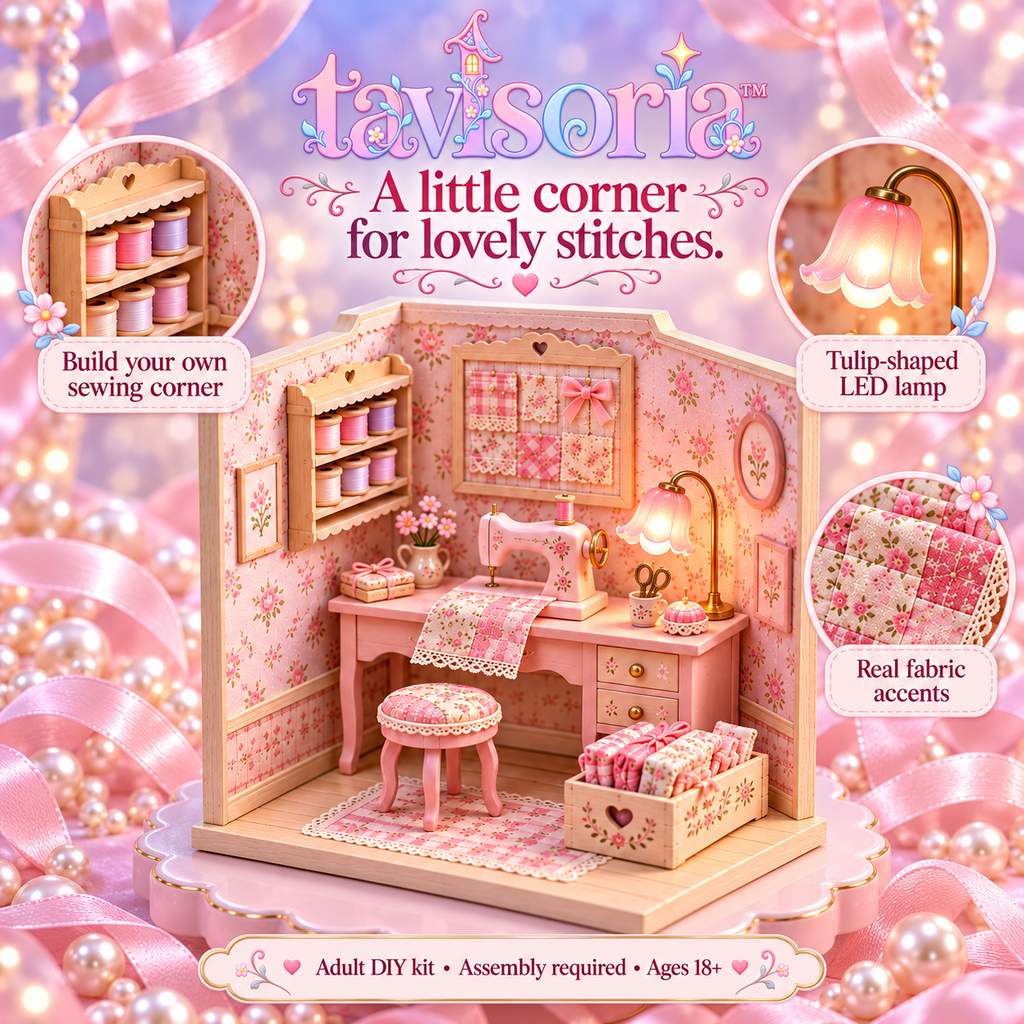 tavlsoria™ Stitchlight Sewing Corner DIY Miniature Kit for Adults, Small Wooden Craft Studio Diorama with LED Desk Lamp