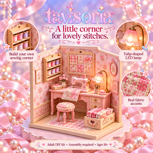 tavlsoria™ Stitchlight Sewing Corner DIY Miniature Kit for Adults, Small Wooden Craft Studio Diorama with LED Desk Lamp