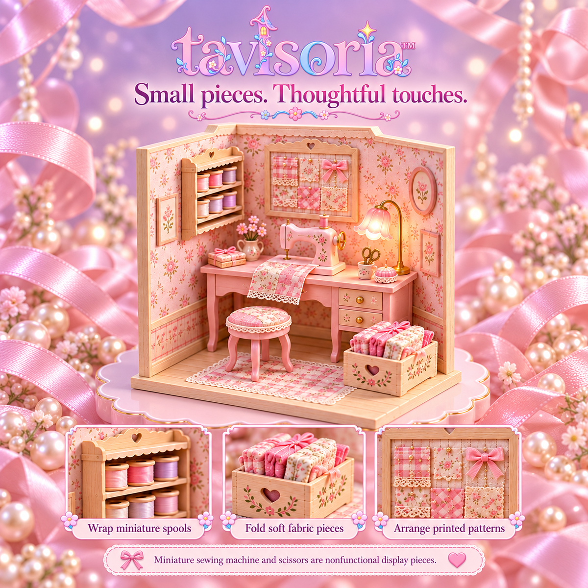tavlsoria™ Stitchlight Sewing Corner DIY Miniature Kit for Adults, Small Wooden Craft Studio Diorama with LED Desk Lamp