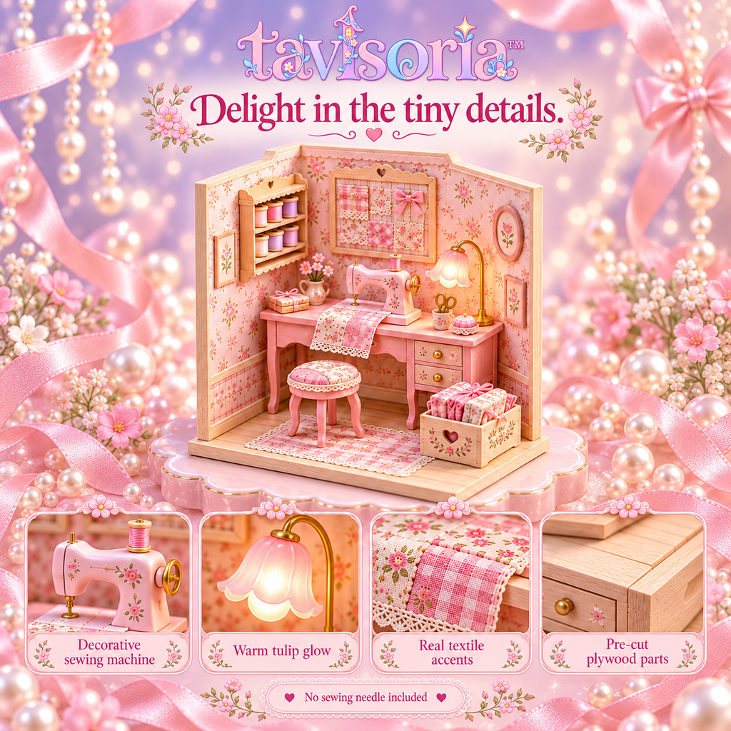 tavlsoria™ Stitchlight Sewing Corner DIY Miniature Kit for Adults, Small Wooden Craft Studio Diorama with LED Desk Lamp