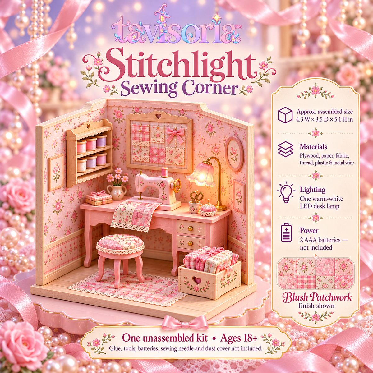 tavlsoria™ Stitchlight Sewing Corner DIY Miniature Kit for Adults, Small Wooden Craft Studio Diorama with LED Desk Lamp